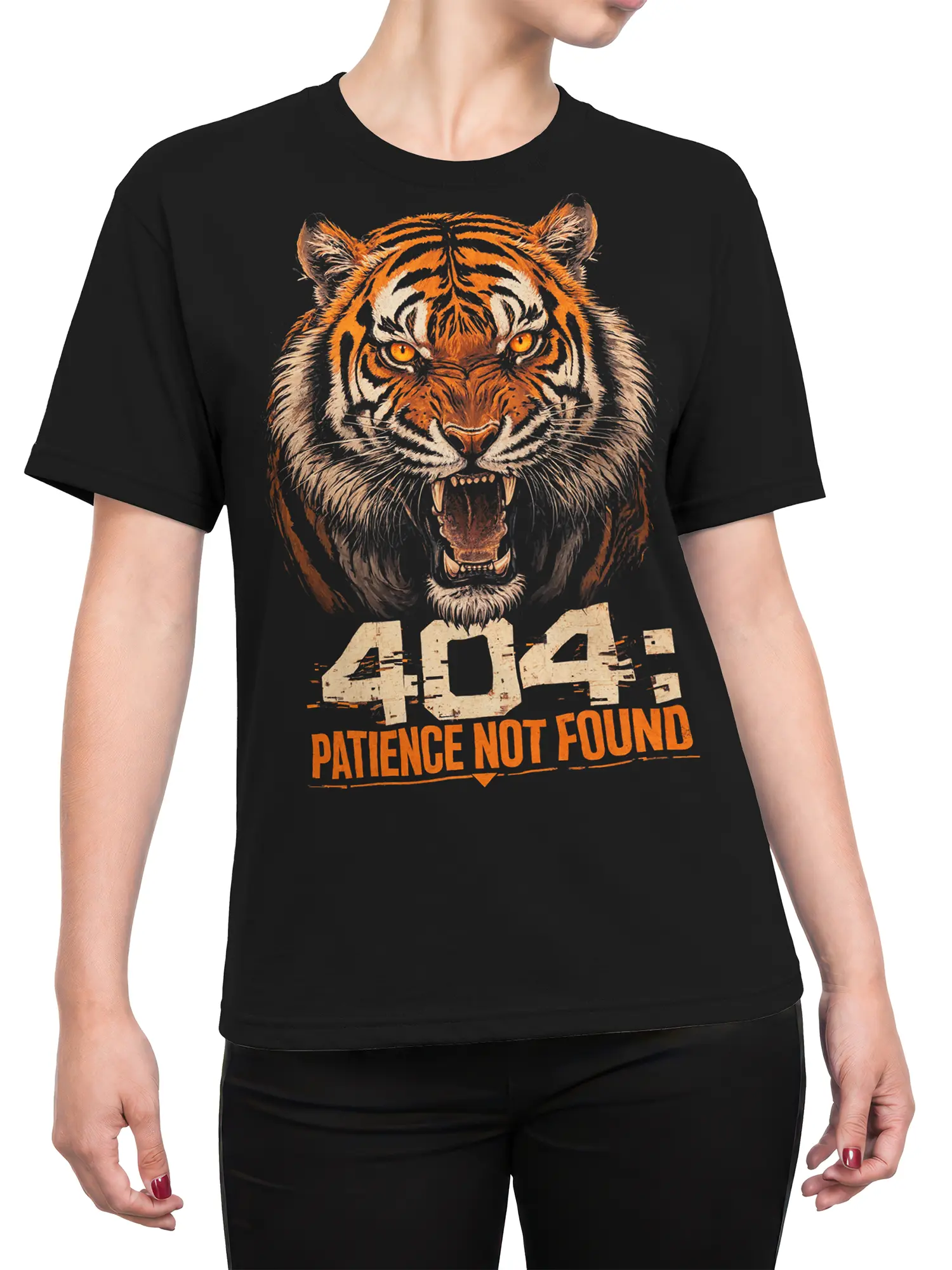 Female torso wearing a black T-shirt with a fierce tiger and “404: Patience Not Found” design