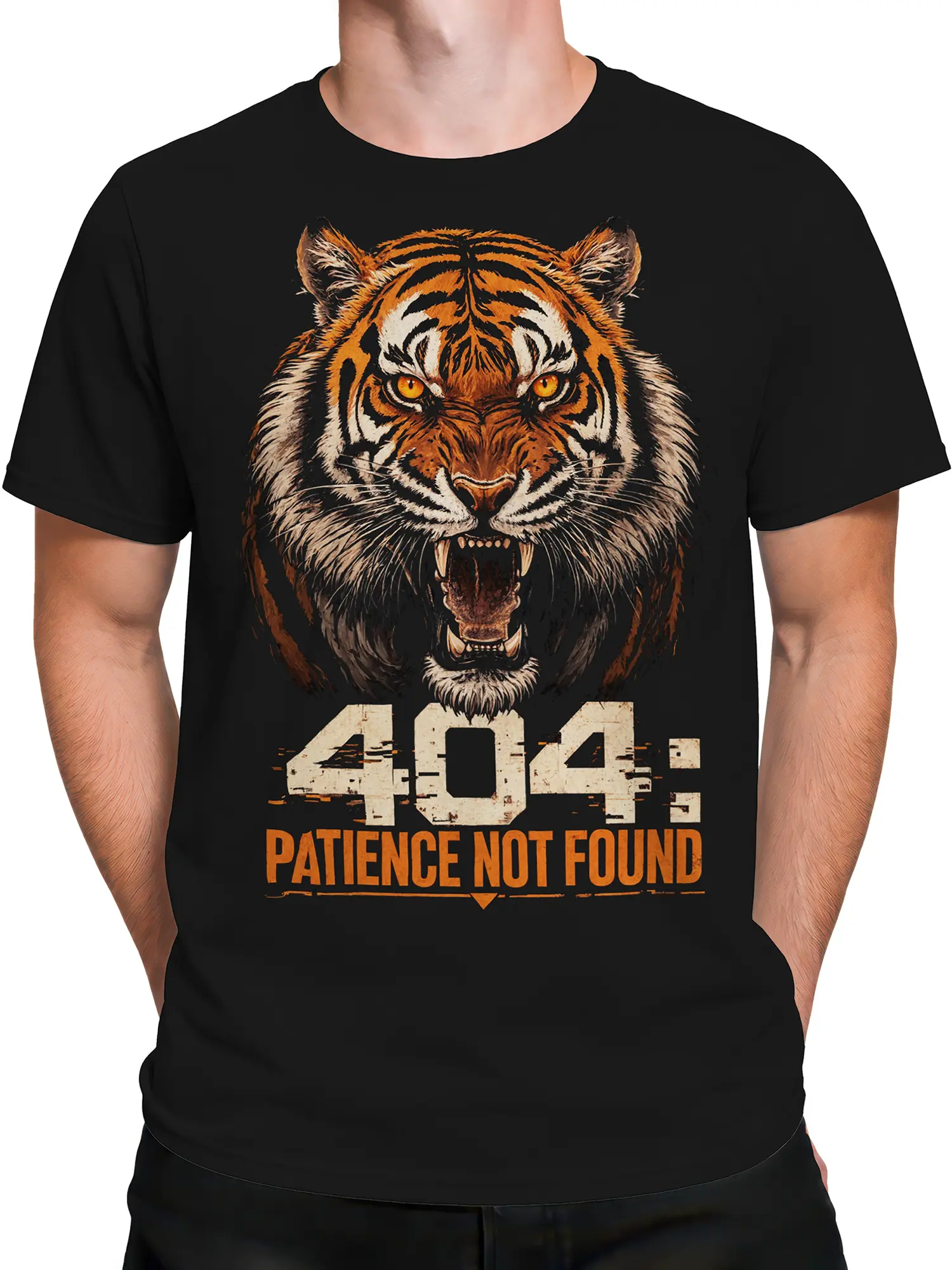 Male torso wearing a black T-shirt with an orange tiger and “404: Patience Not Found” print