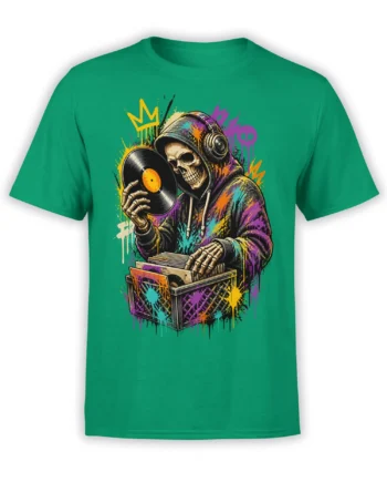 Colorful skeleton DJ holding a vinyl record beside a crate on a vivid green T-shirt