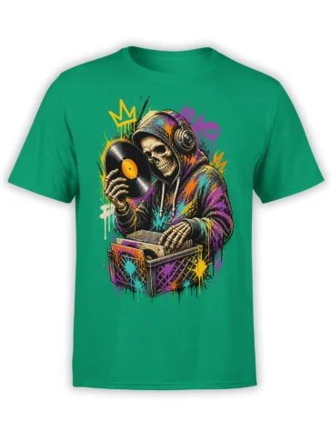 Colorful skeleton DJ holding a vinyl record beside a crate on a vivid green T-shirt