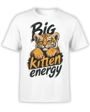 White T-shirt with a detailed orange tiger cub and bold BIG KITTEN energy lettering