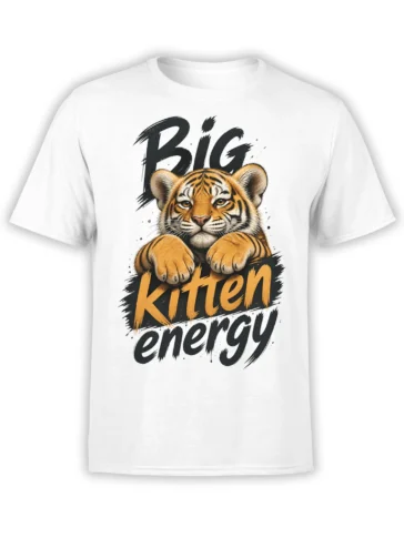 White T-shirt with a detailed orange tiger cub and bold BIG KITTEN energy lettering