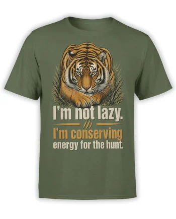 Vintage tiger resting in grass on a green shirt with “I’m not lazy” conservation humor text