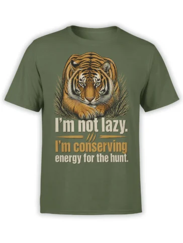 Vintage tiger resting in grass on a green shirt with “I’m not lazy” conservation humor text