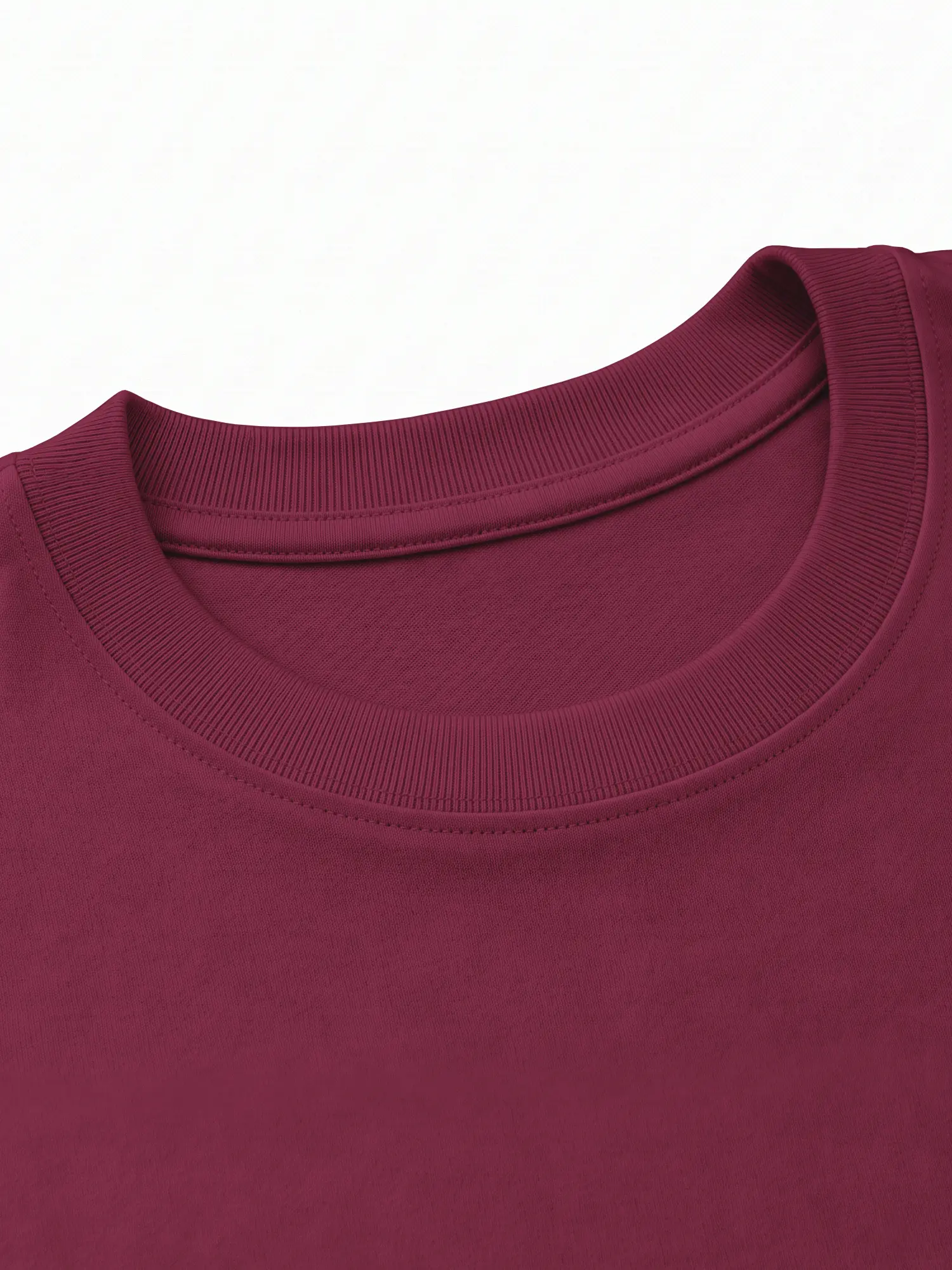 Burgundy cotton T-shirt collar with ribbed neckline and smooth fabric texture