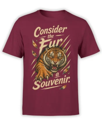 Roaring orange-and-black tiger graphic with cream “Consider the Fury” lettering on a burgundy T-shirt