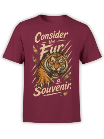 Roaring orange-and-black tiger graphic with cream “Consider the Fury” lettering on a burgundy T-shirt