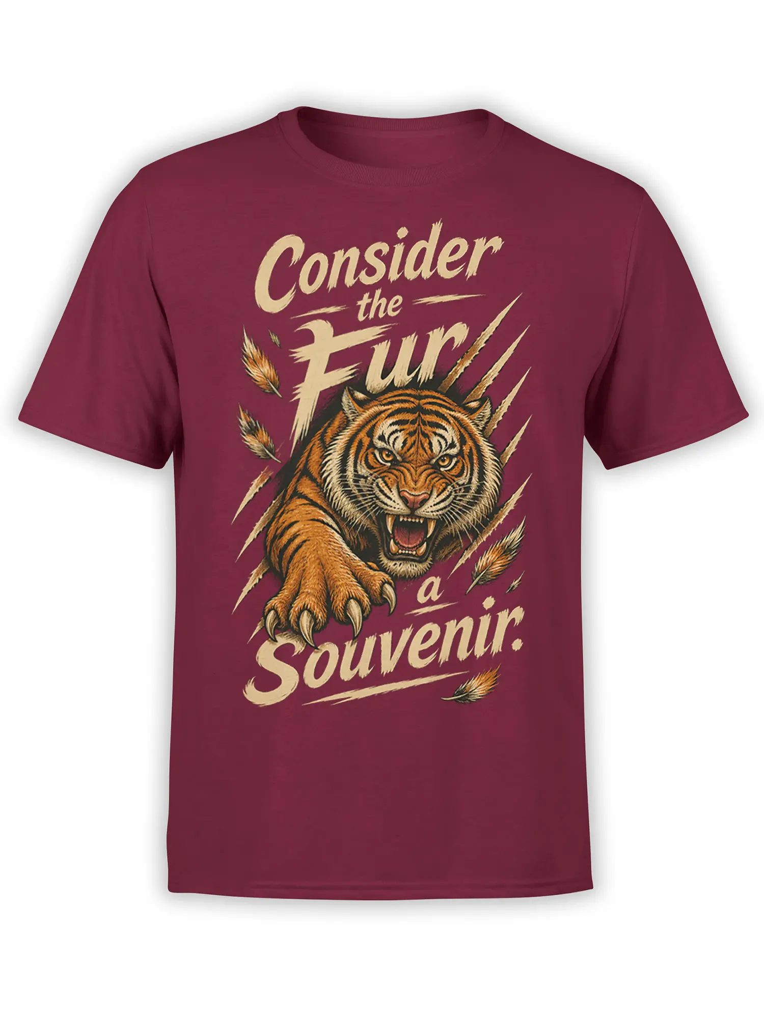 Roaring orange-and-black tiger graphic with cream “Consider the Fury” lettering on a burgundy T-shirt