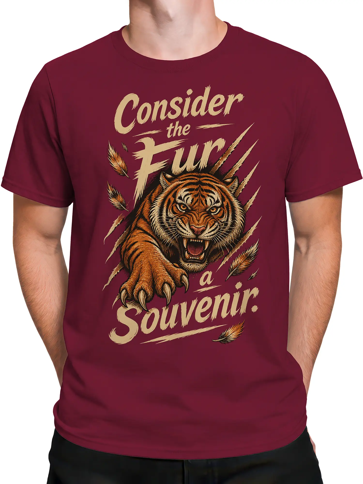 Male torso wearing a burgundy T-shirt with a fierce roaring tiger and vintage cream graphic design
