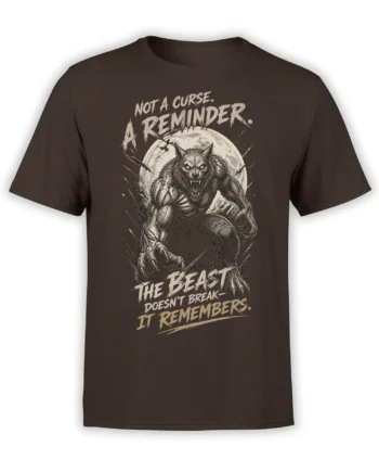 Fierce werewolf graphic beneath a full moon and bold cream lettering on a dark brown T-shirt