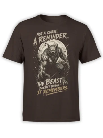 Fierce werewolf graphic beneath a full moon and bold cream lettering on a dark brown T-shirt