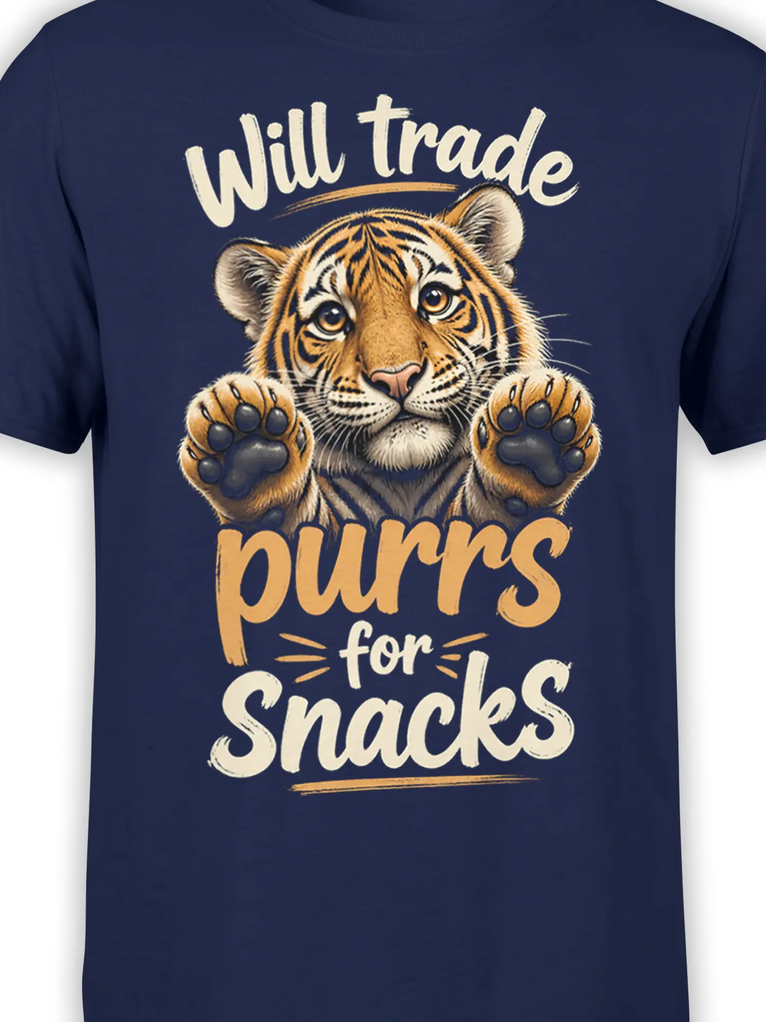 Close-up of a striped tiger’s face and raised paws on a navy snack-themed graphic T-shirt