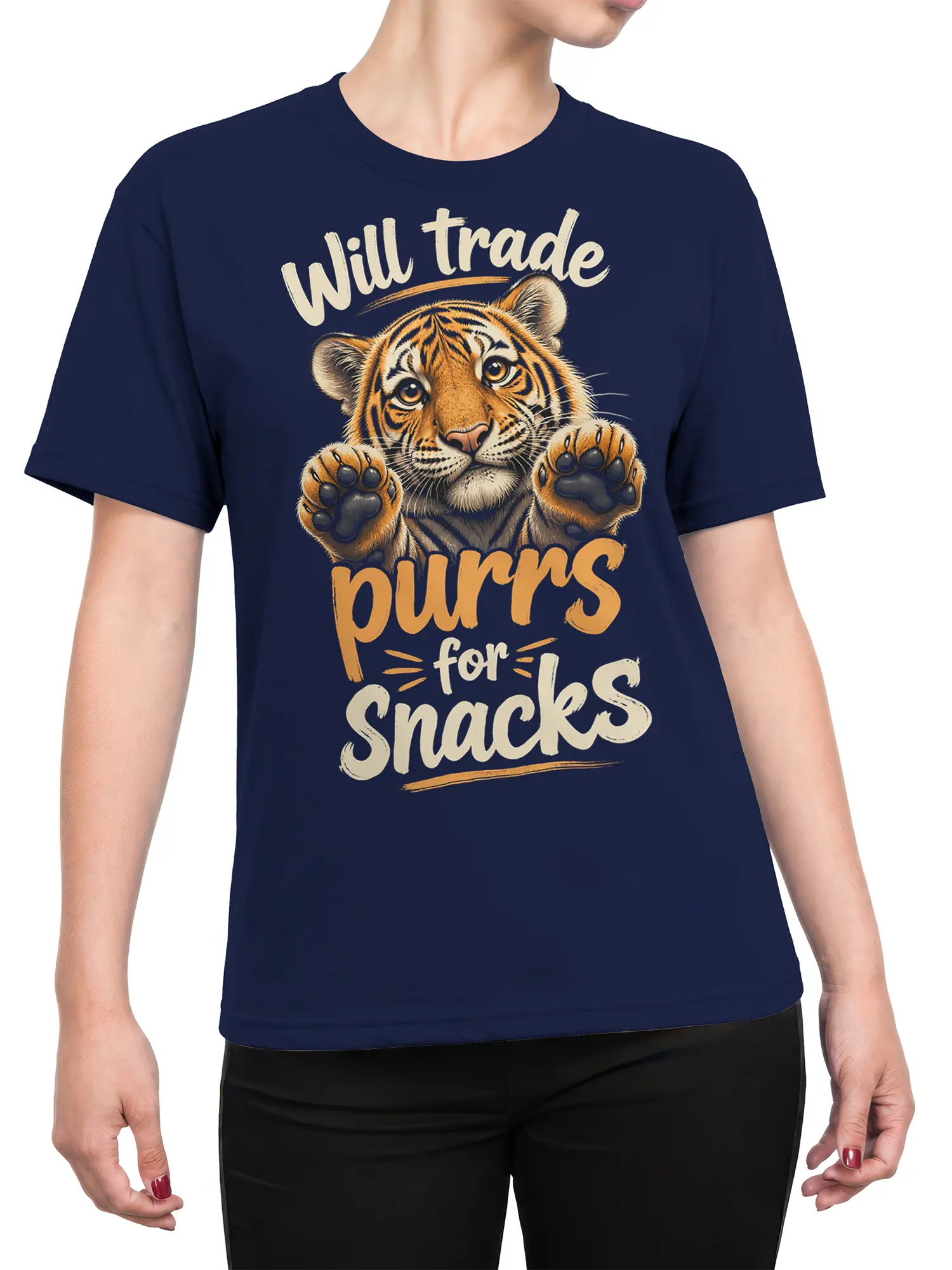 Female torso wearing a navy T-shirt with a striped tiger and “Will trade purrs for snacks” design