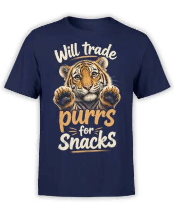 Striped tiger raising both paws above “Will trade purrs for snacks” text on a navy T-shirt