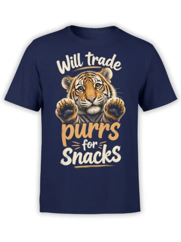 Striped tiger raising both paws above “Will trade purrs for snacks” text on a navy T-shirt