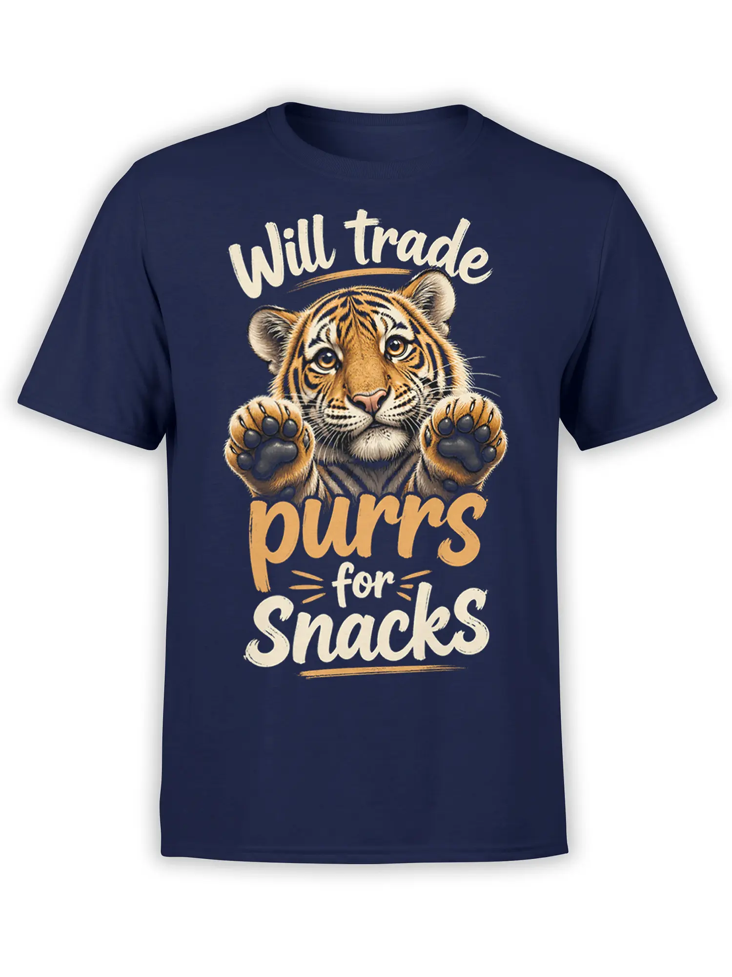 Striped tiger raising both paws above “Will trade purrs for snacks” text on a navy T-shirt