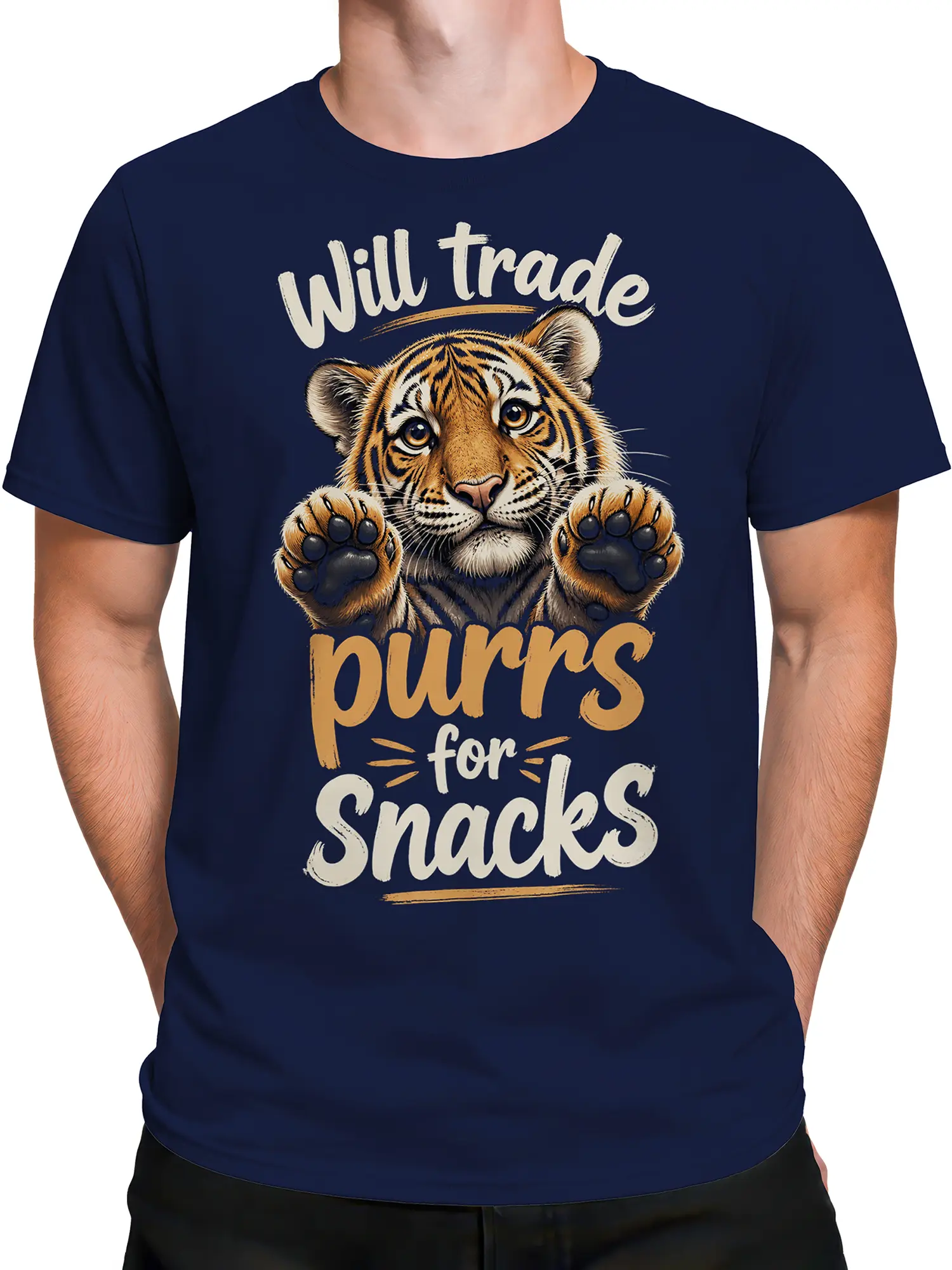 Male torso wearing a navy tiger graphic T-shirt with raised paws and snack lettering
