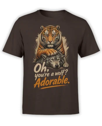 Brown T-shirt with a vintage tiger resting its paw on a gray wolf and the text “Oh, you’re a wolf? Adorable.”
