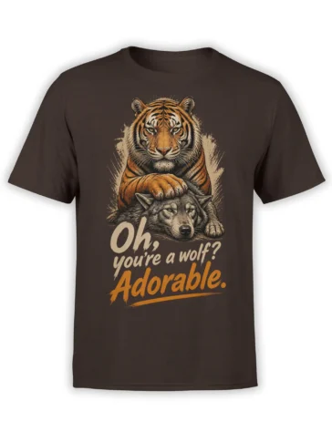 Brown T-shirt with a vintage tiger resting its paw on a gray wolf and the text “Oh, you’re a wolf? Adorable.”