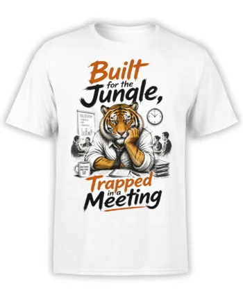 White tiger office T-shirt with bold “Built for the Jungle, Trapped in a Meeting” graphic and desk scene