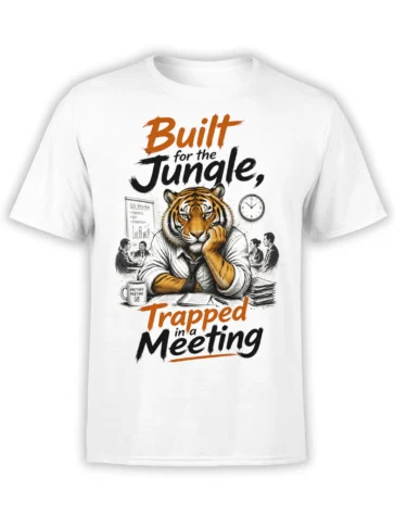 White tiger office T-shirt with bold “Built for the Jungle, Trapped in a Meeting” graphic and desk scene