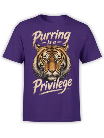 Purple T-shirt with fierce striped tiger portrait and cream “Purring Is a Privilege” lettering