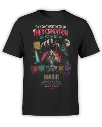 Black UFO conspiracy T-shirt with flying saucers, pyramid eye, hypnotic screens, moon, and bold truth-seeking text
