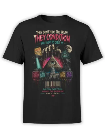 Black UFO conspiracy T-shirt with flying saucers, pyramid eye, hypnotic screens, moon, and bold truth-seeking text
