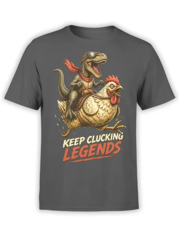 Gray T-shirt with a roaring dinosaur riding a chicken and Keep Clucking Legends artwork