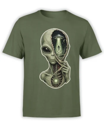 Green T-shirt with detailed alien cutaway artwork, flying saucer, moon, stars, and glowing chest core