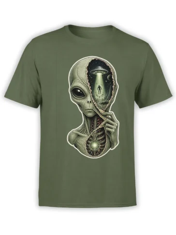 Green T-shirt with detailed alien cutaway artwork, flying saucer, moon, stars, and glowing chest core