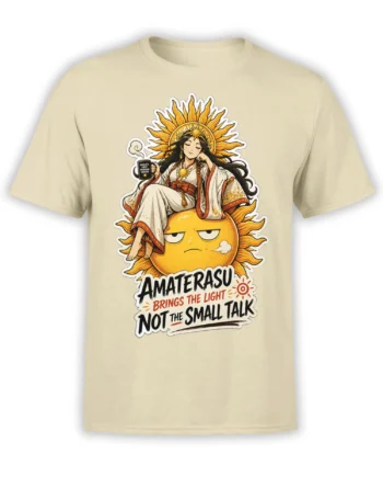 Amaterasu sun goddess graphic on a beige T-shirt with a sleepy golden sun and a sharp small-talk message