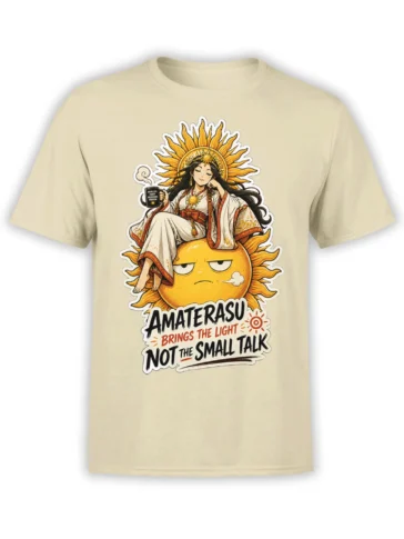 Amaterasu sun goddess graphic on a beige T-shirt with a sleepy golden sun and a sharp small-talk message