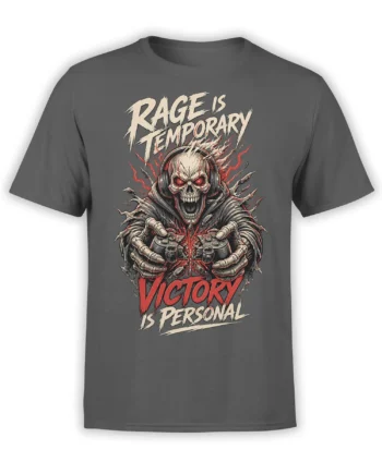 Gray gaming T-shirt with a headphone-wearing skull, game controller, red energy bursts, and victory lettering