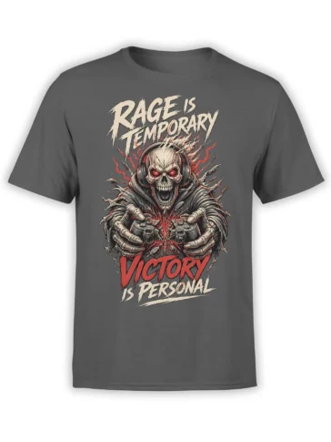 Gray gaming T-shirt with a headphone-wearing skull, game controller, red energy bursts, and victory lettering