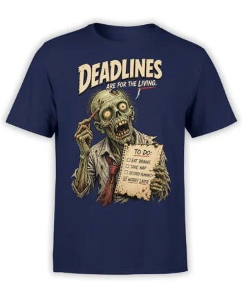 Vintage zombie office worker holding a checklist on a navy graphic T-shirt
