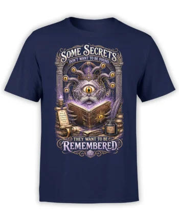 One-eyed tentacled scholar reading an ornate book on a navy fantasy graphic T-shirt