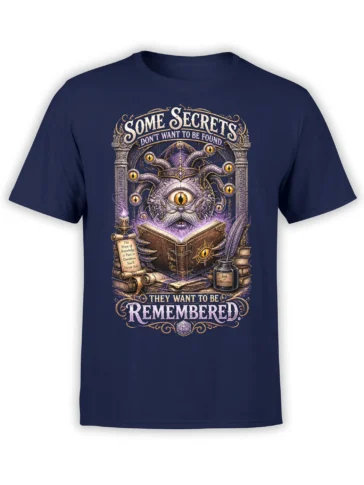 One-eyed tentacled scholar reading an ornate book on a navy fantasy graphic T-shirt