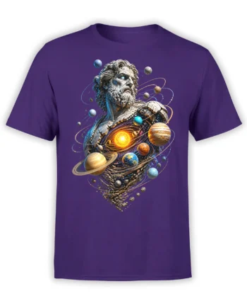 Purple T-shirt with a classical bearded statue carrying a glowing galaxy and orbiting planets