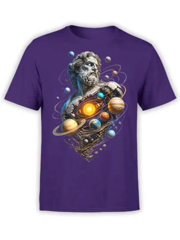 Purple T-shirt with a classical bearded statue carrying a glowing galaxy and orbiting planets