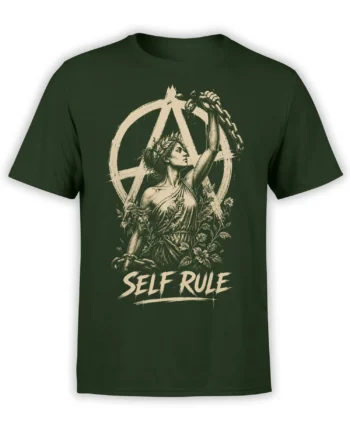 Self Rule gothic T-shirt in deep green with a classical woman, chains, flowers, and cream artwork