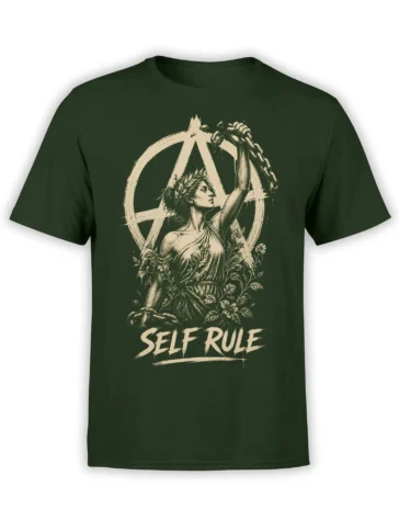 Self Rule gothic T-shirt in deep green with a classical woman, chains, flowers, and cream artwork