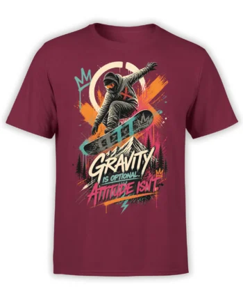 Burgundy T-shirt with a masked snowboarder, mountain scene, colorful graphics, and bold attitude slogan