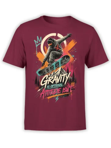 Burgundy T-shirt with a masked snowboarder, mountain scene, colorful graphics, and bold attitude slogan