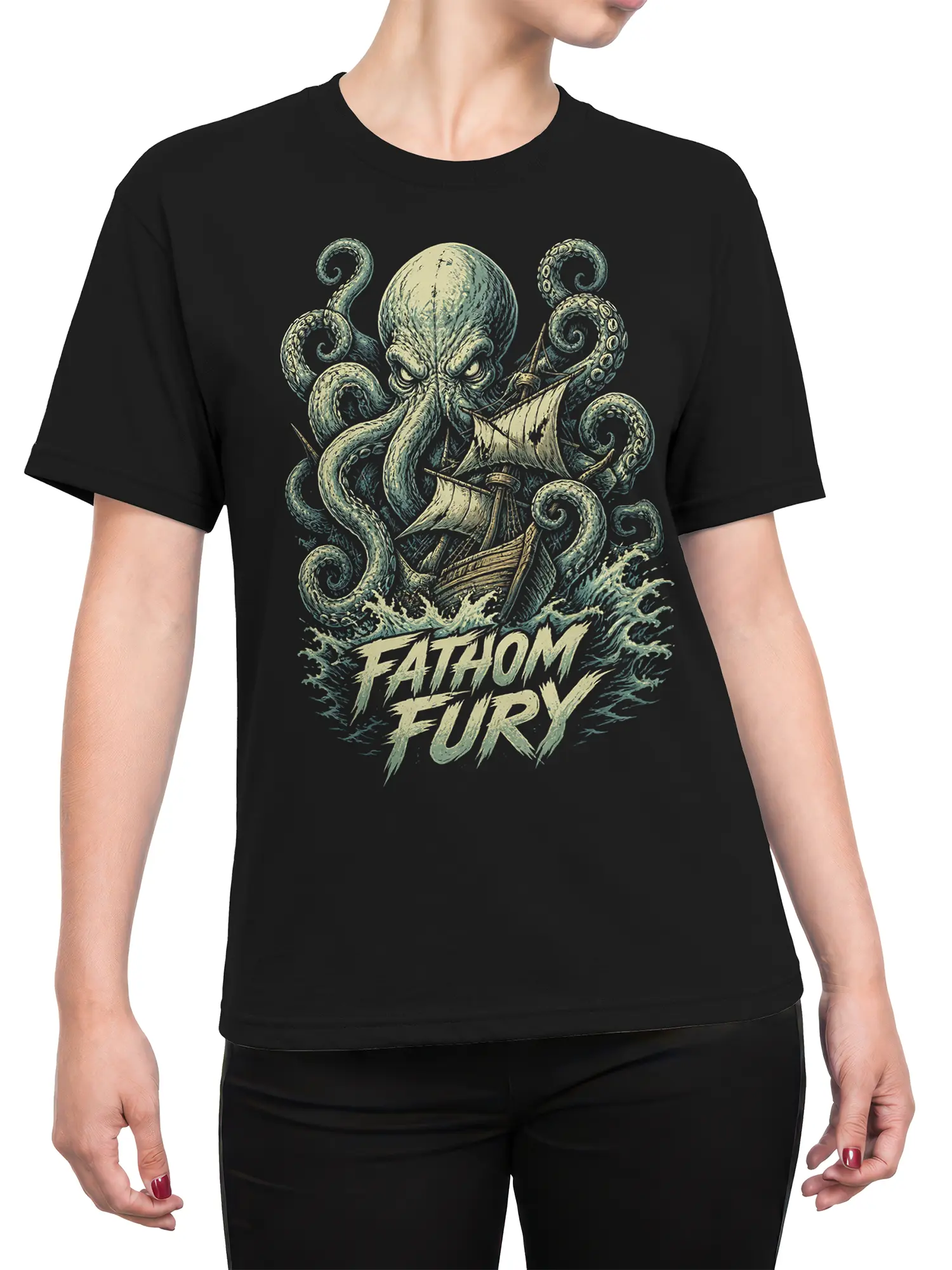 Female torso wearing a black kraken T-shirt with sailing ship artwork, crashing waves, and FATHOM FURY lettering