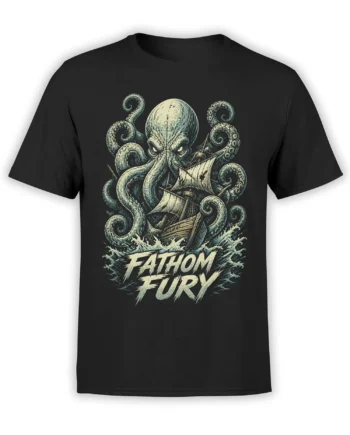 Black T-shirt with an angry kraken attacking a sailing ship, crashing waves, and FATHOM FURY lettering