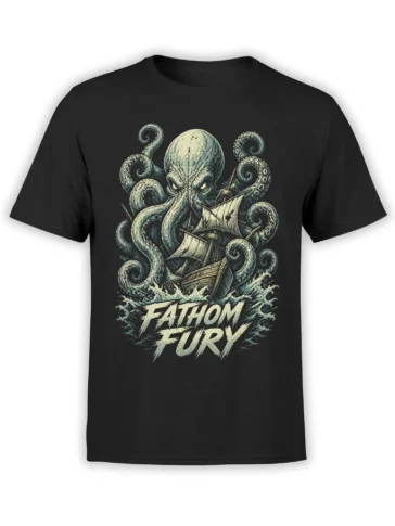 Black T-shirt with an angry kraken attacking a sailing ship, crashing waves, and FATHOM FURY lettering