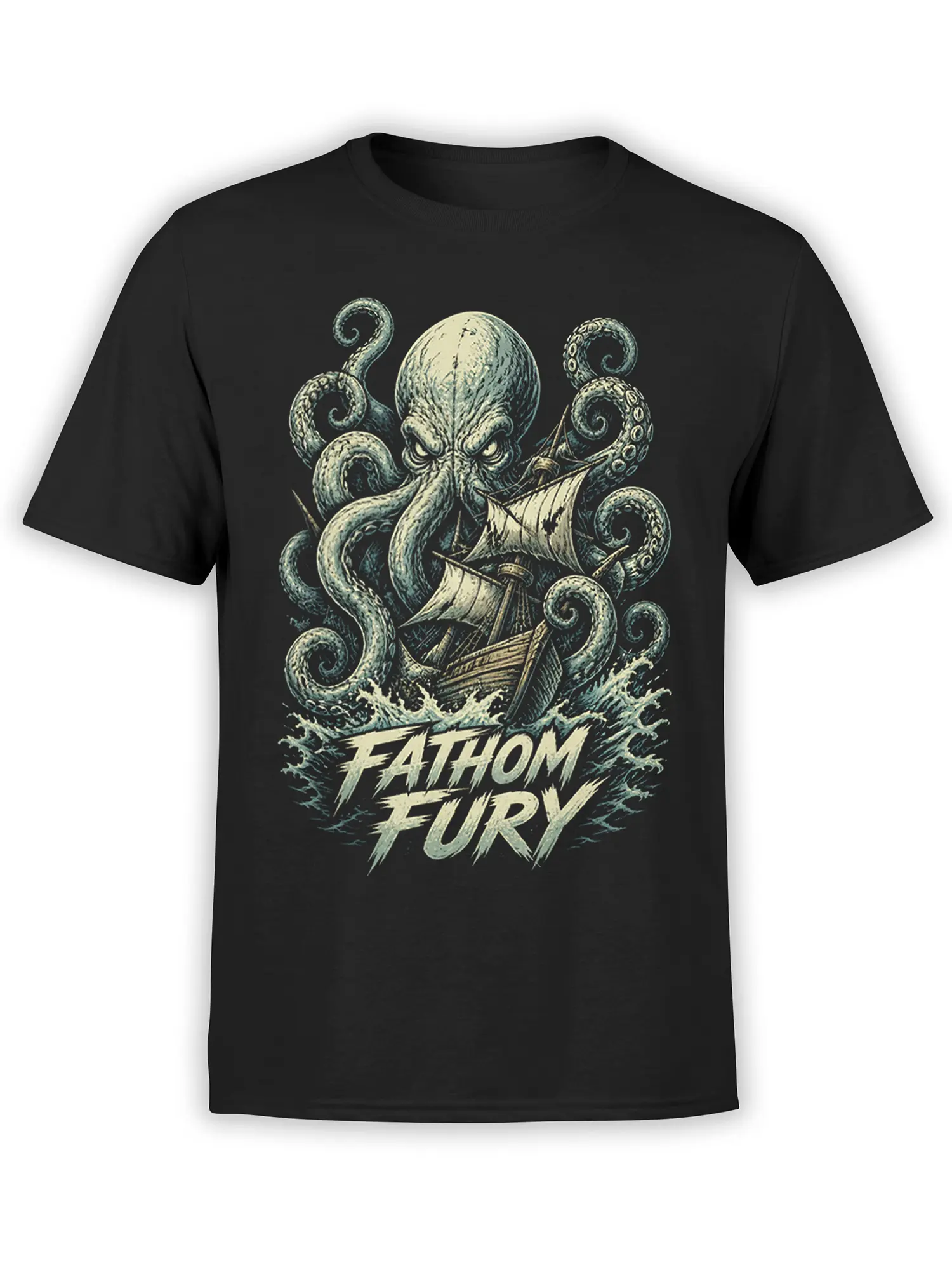 Black T-shirt with an angry kraken attacking a sailing ship, crashing waves, and FATHOM FURY lettering