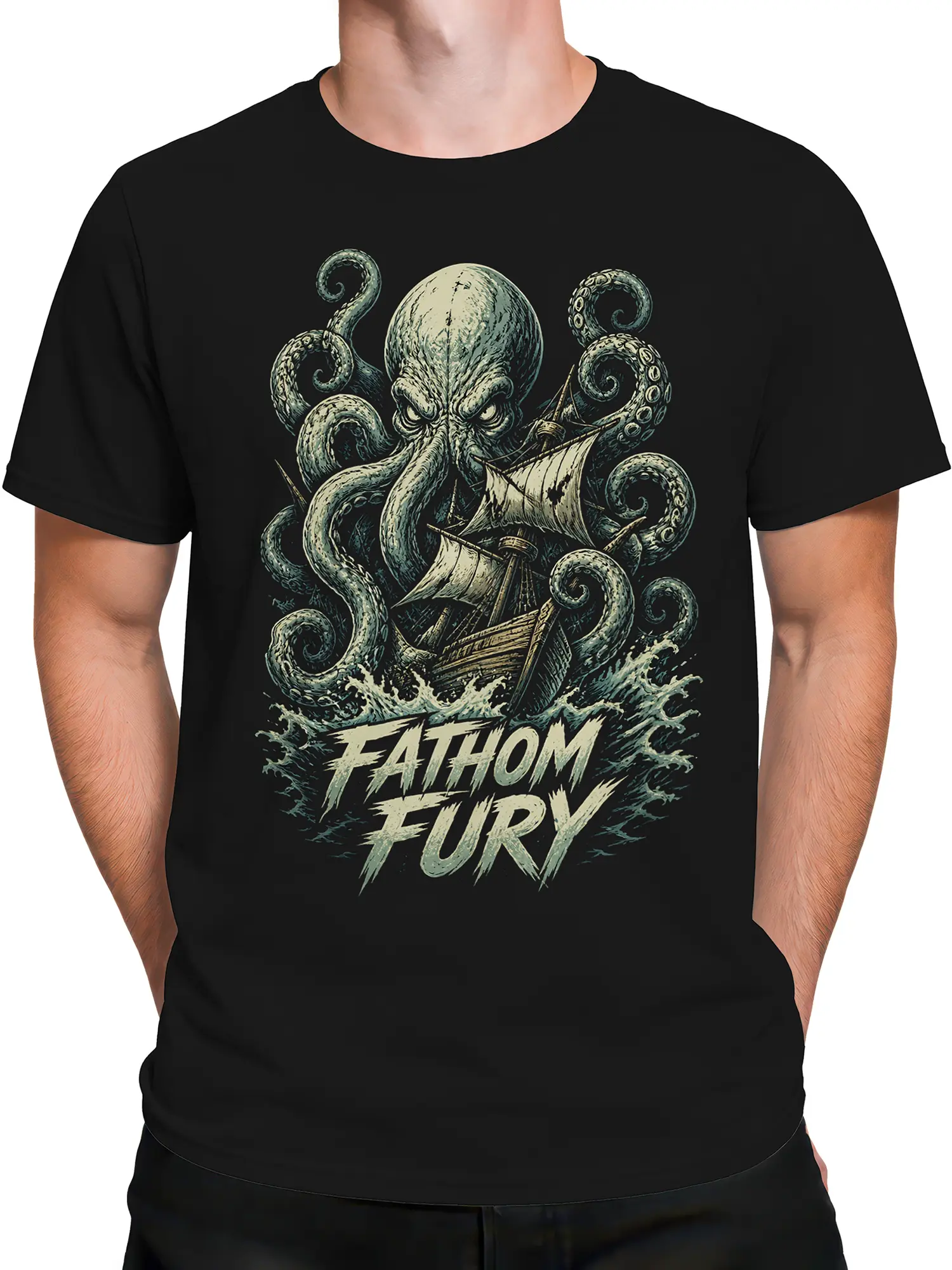 Male torso wearing a black kraken T-shirt with tentacles, sailing ship artwork, and FATHOM FURY lettering