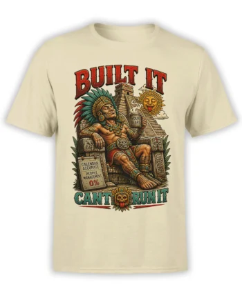 Beige T-shirt with seated ancient ruler, temple artwork, sun face, and sarcastic people management text